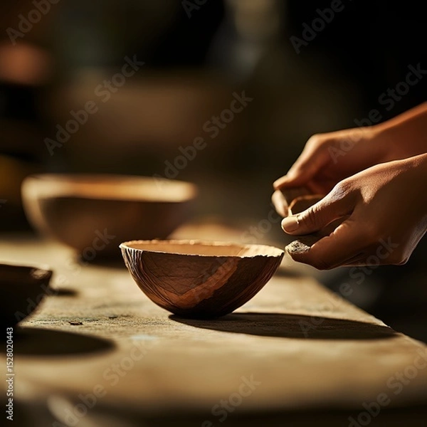 Obraz Close-up of person's hands gently holding a beautifully crafted wooden bowl with care and love