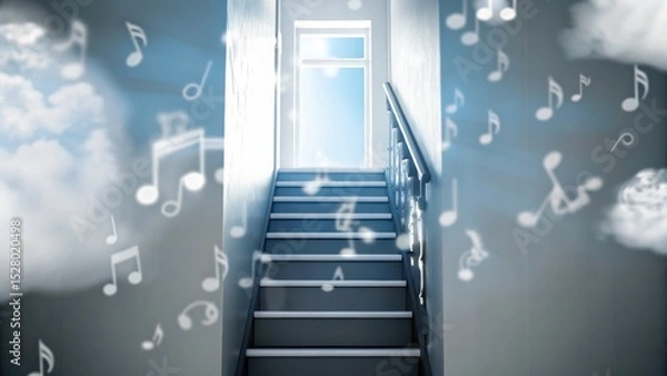 Obraz A staircase leads up toward a bright window, surrounded by floating musical notes and soft clouds, creating a dreamy, surreal atmosphere.