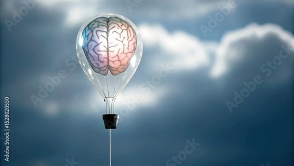 Fototapeta A hot air balloon shaped like a brain floats against a cloudy sky, symbolizing creativity and intelligence.