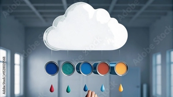 Fototapeta A white cloud with paint cans below it drops colorful paint droplets in a modern, minimalist room.