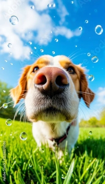 Fototapeta Dog enjoys playtime in the park surrounded by droplets of water under a bright blue sky