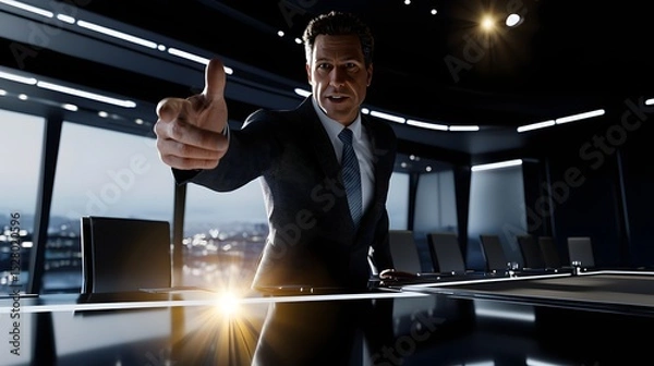Obraz Businessman in a suit pointing at a presentation on table while engaging with colleagues at meeting