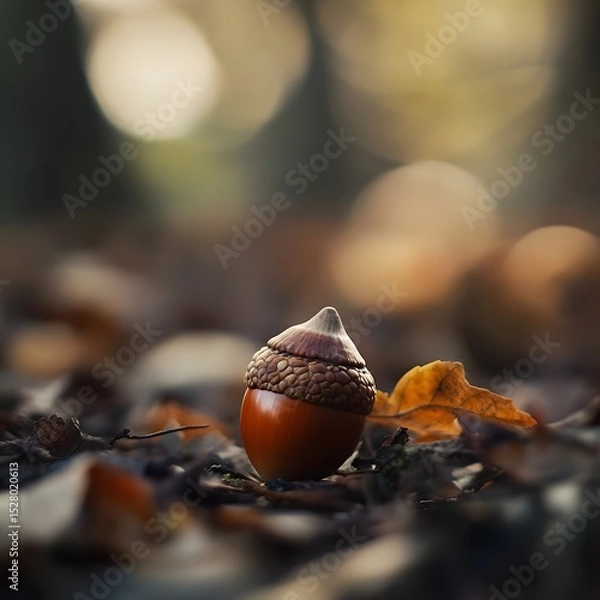 Obraz Small acorn nestled amongst leaves on the ground in a forest setting symbolizing new beginnings