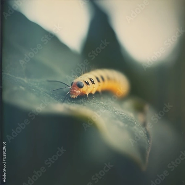 Obraz Caterpillar resting on a leaf in a natural setting surrounded by lush green foliage