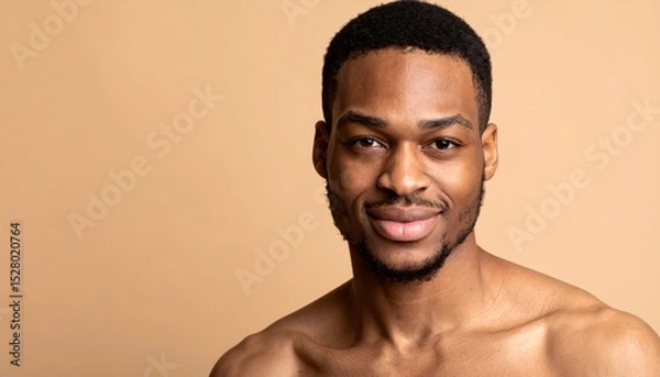Obraz Close-up portrait of a smiling young Black man against a minimalistic beige background showcasing natural beauty and confidence