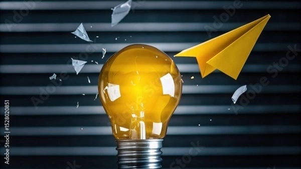 Fototapeta A yellow paper airplane shatters a glowing light bulb against a striped background, symbolizing innovation and creative ideas.