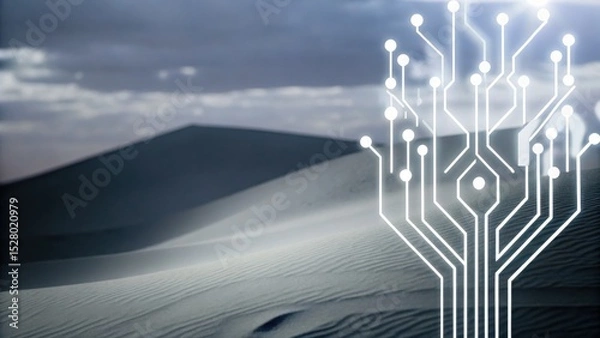 Fototapeta A futuristic digital circuit tree overlay appears above sand dunes in a desert landscape under a cloudy sky.