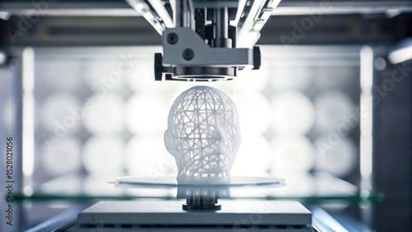 Fototapeta A 3D printer creates a wireframe human head model, symbolizing innovation and advanced technology.