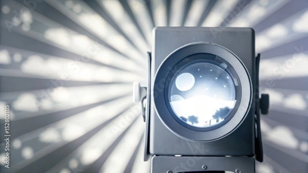 Fototapeta A spotlight projects light with a scenic image inside the lens, creating dramatic rays and a cinematic effect.