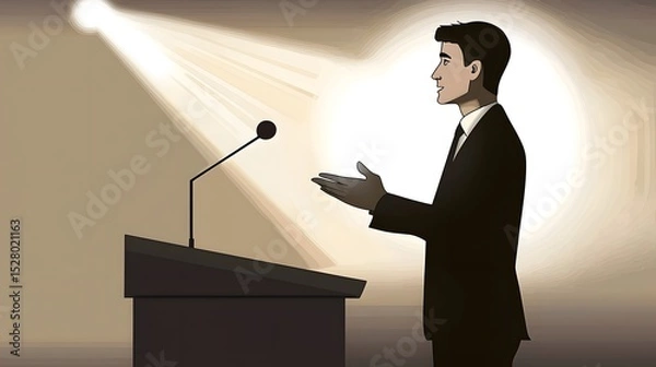 Obraz Engaging man delivering a powerful speech to an enthusiastic audience at a grand conference event