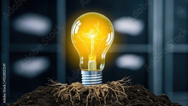 Fototapeta A glowing light bulb emerges from soil with roots, symbolizing innovation, growth, and sustainable energy.