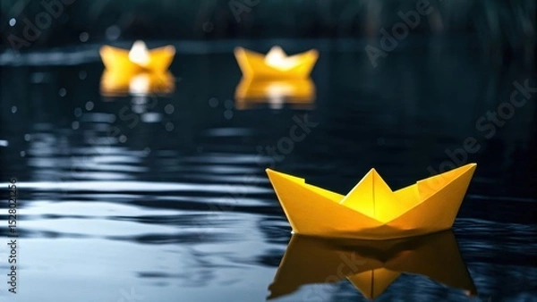 Fototapeta Yellow paper boats float gently on calm water at dusk, creating a serene and whimsical scene.
