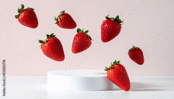 Obraz juicy strawberries appear to float above a white sculptural base in the air