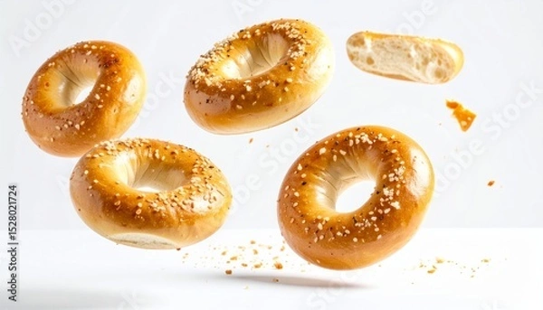 Obraz salted bagels floating in the air with crumbs against a clean white background