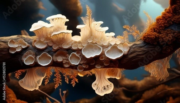 Obraz fungal growth on tree branch with white and brown colors irregular shapes and sizes forest nature