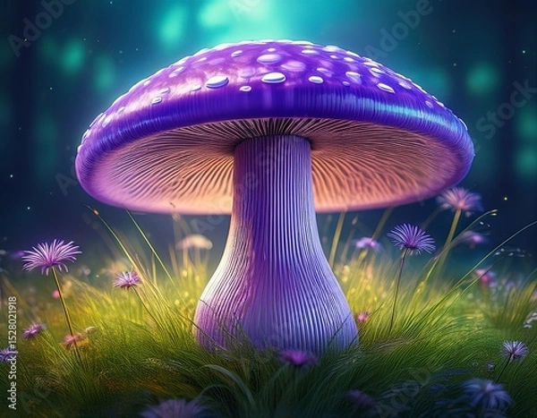 Obraz a vibrant illustration of a purple mushroom surrounded by green grass featuring intricate details and a whimsical feel perfect for nature themed projects