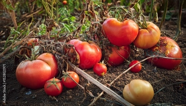 Obraz overripe tomatoes in a garden bed with weeds and vines tangled around them with some stems breaking off due to decay sick diseased
