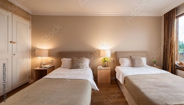 Obraz bedroom with two single beds each with a bedside table and lamp twin beds