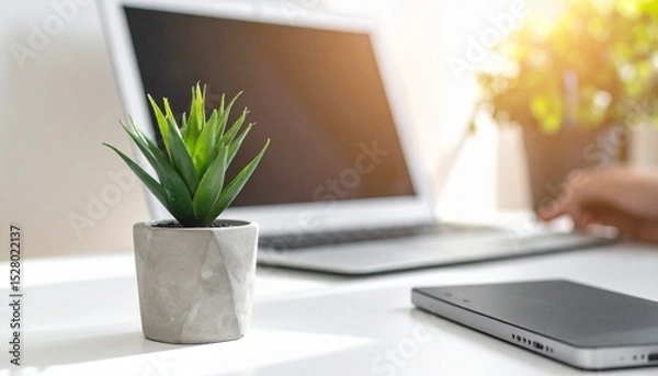 Obraz startup entrepreneur concept a small plant in a pot on a desk near a laptop in bright natural light