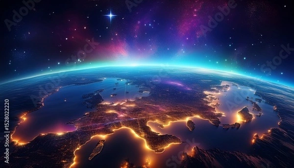 Obraz celestial horizon witness the ethereal beauty of our planet earth from space a panorama of luminous city lights shimmering against the vast star studded cosmic background