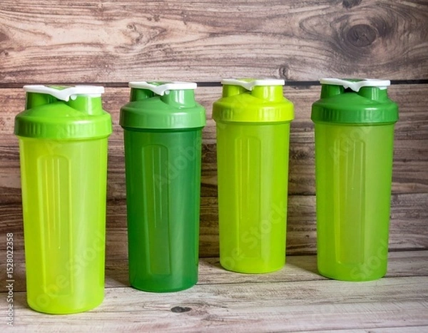 Obraz green tech concept colorful shaker cups lined up on a wooden background perfect for fitness and nutrition