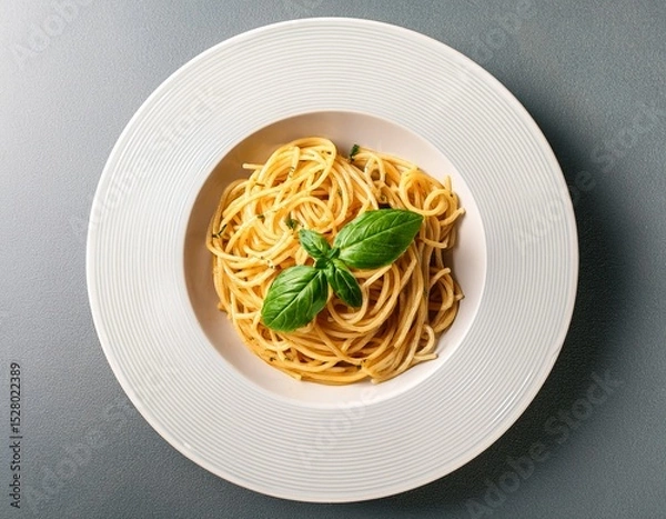 Obraz overhead view of a plate of spaghetti with basil