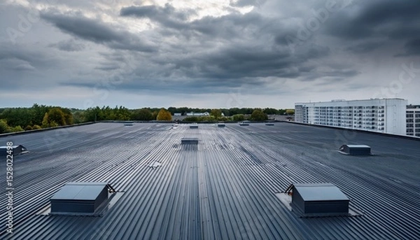 Obraz industrial building with flat roof under grey cloudy sky rooftop building rooftop building