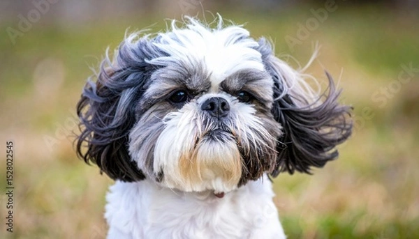 Obraz elegant grey white shih tzu dog with flowing hair in wind stock photo