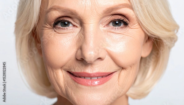 Obraz Close-up portrait of a happy older woman with short blonde hair and a warm smile against a neutral background