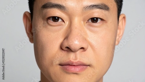 Obraz Close-up portrait of a thoughtful Asian man with clear skin and gentle expression against a light gray background