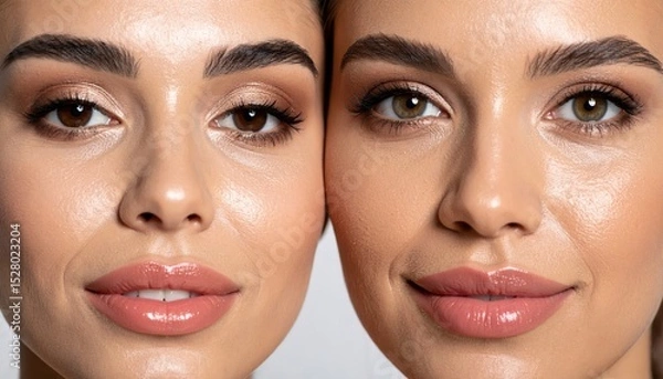 Obraz Close-up portrait of two women with radiant skin, showcasing different lip colors and makeup styles on a neutral background