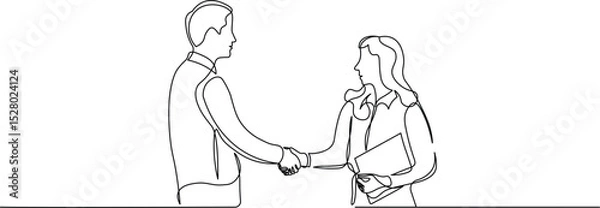 Fototapeta Job interview - vector modern simple one continuous line design composition with recruiter and candidate. Continuous Line Drawing of man and women are shaking hand and talking. Vector illustration