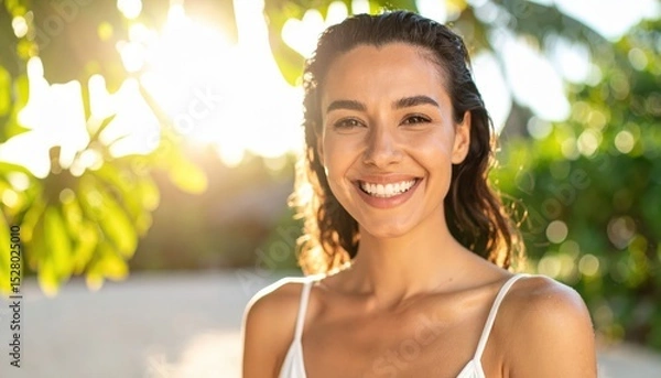 Obraz Young woman smiling brightly against a sunlit tropical background surrounded by lush greenery