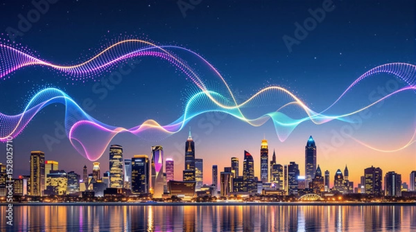Fototapeta A vibrant city skyline at dusk with glowing neon waves in the sky, symbolizing modern technology, innovation, and urban energy.