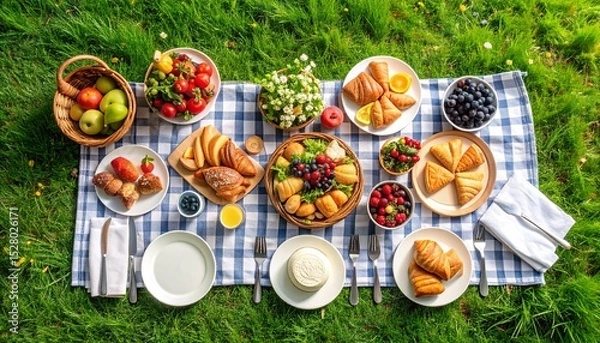 Fototapeta Summer Picnic Overhead View of Delicious Food and Drinks on a Blanket