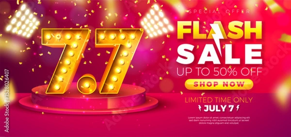 Fototapeta 7 July Shopping Day Flash Sale Design with 3d 7.7 Number, Light Bulb Billboard and Stage Podium on Red Background. Vector Summer Special Offer 50 Percent Off Campaign Discount Illustration for Coupon