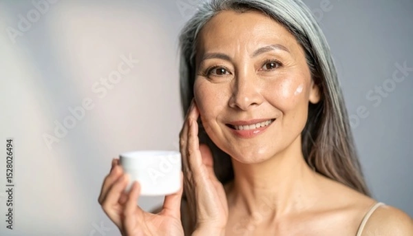 Obraz Smiling mature woman applying skincare cream, showcasing healthy skin and beauty routine against soft gradient background