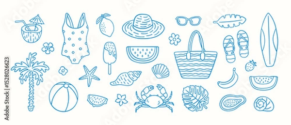 Obraz Summer vacation doodle illustration. Vector tropical set of beach elements.