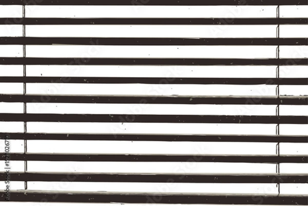 Fototapeta A close up view of horizontal window blinds with dark parallel slats patterns, black slatted ventilation grille uniform rows subtle texture arranged horizontally shadow. 
