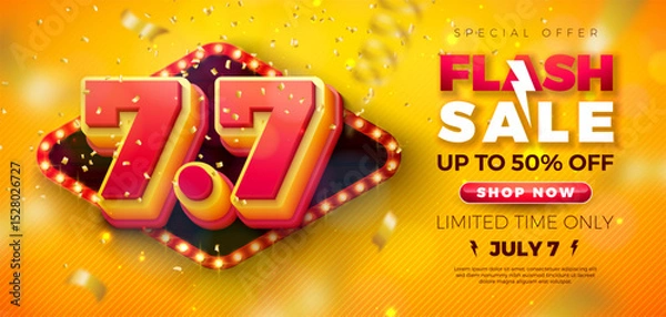 Fototapeta 7 July Shopping Day Flash Sale Design with 3d 7.7 Multilayer Number, Light Bulb Billboard and Falling Confetti on Yellow Background. Vector Summer Special Offer 50 Percent Off Campaign Discount