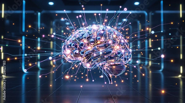 Fototapeta A glowing futuristic artificial intelligence brain with interconnected neon nodes in a high-tech environment, symbolizing AI, innovation, and advanced technology.