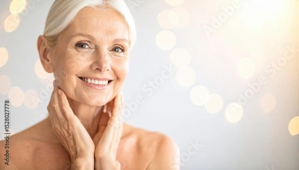 Obraz Mature woman smiling gently while touching her face with a blurred bokeh background