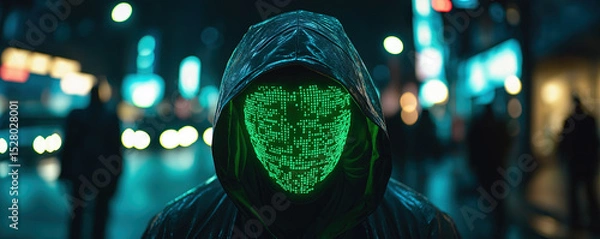 Obraz Person in a dark hooded jacket with a glowing digital mask made of green binary code in a city at night.