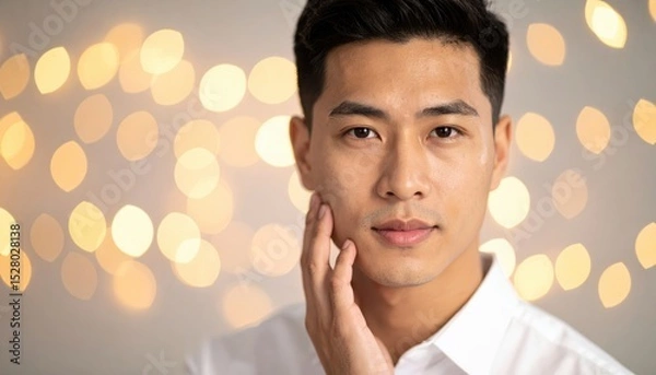 Obraz Portrait of a young man with short hair touching his face, surrounded by softly blurred warm background lights