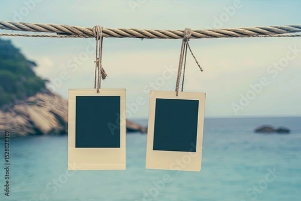 Fototapeta Ultra Hd Picture of Two Blank Vintage Instant Photo Frame Hanging on a Rope
