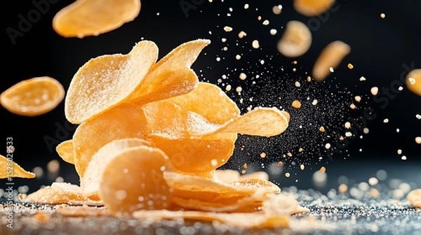 Obraz Crispy potato chips flying in the air with a sprinkle of salt, capturing a moment of delicious snack action.