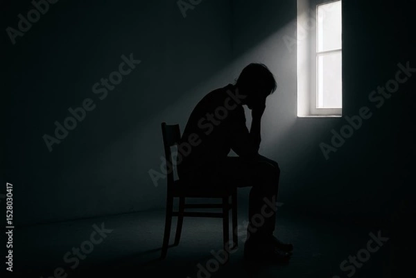 Fototapeta PTSD Awareness Day concept. Silhouette Man in Isolation. Depressed man sitting in dark room with light from window, symbolic loneliness and anxiety.