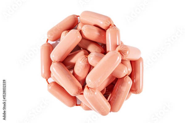 Fototapeta Bundle of delicious sausages in casing.