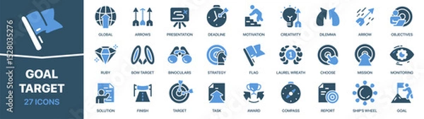 Obraz Goal and target colored signed icon collection. Arrow, deadline, strategy, flag, task icons. UI icon set. Colored icons pack. Vector illustration