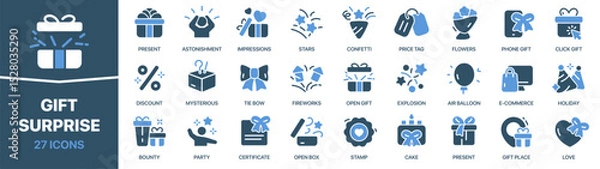 Obraz Gift and surprise colored signed icon collection. Present, confetti, fireworks, bounty icons. UI icon set. Colored icons pack. Vector illustration